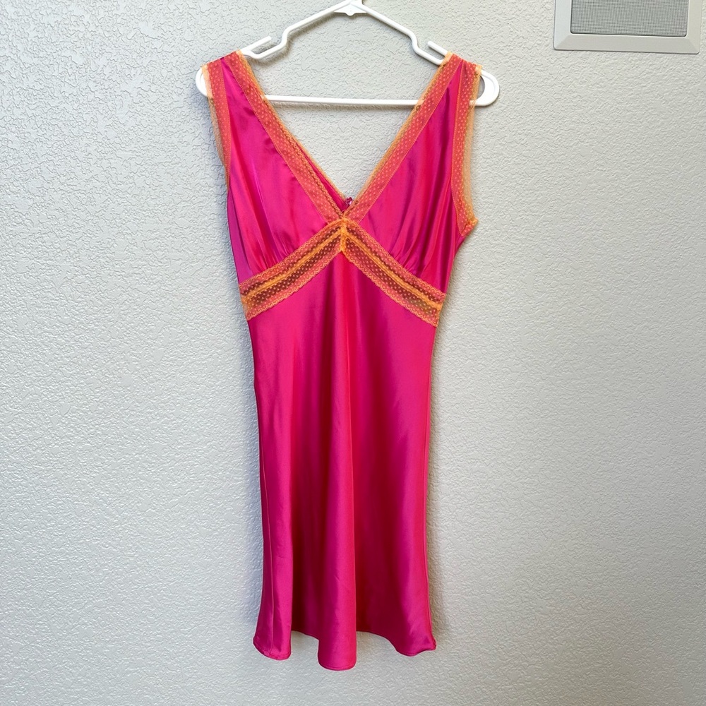 🆕 Bright Pink Silk Mini Dress with Orange Lace Details